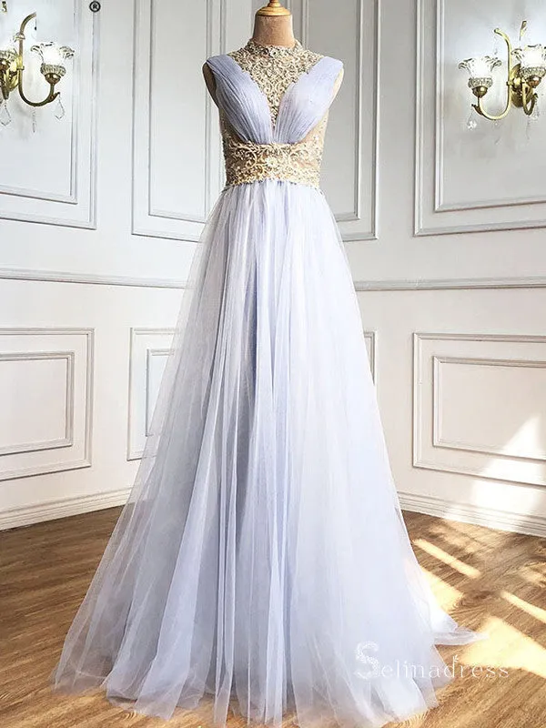 A-line High Neck Elegant Long Prom Dress Beaded Evening Gown SC036