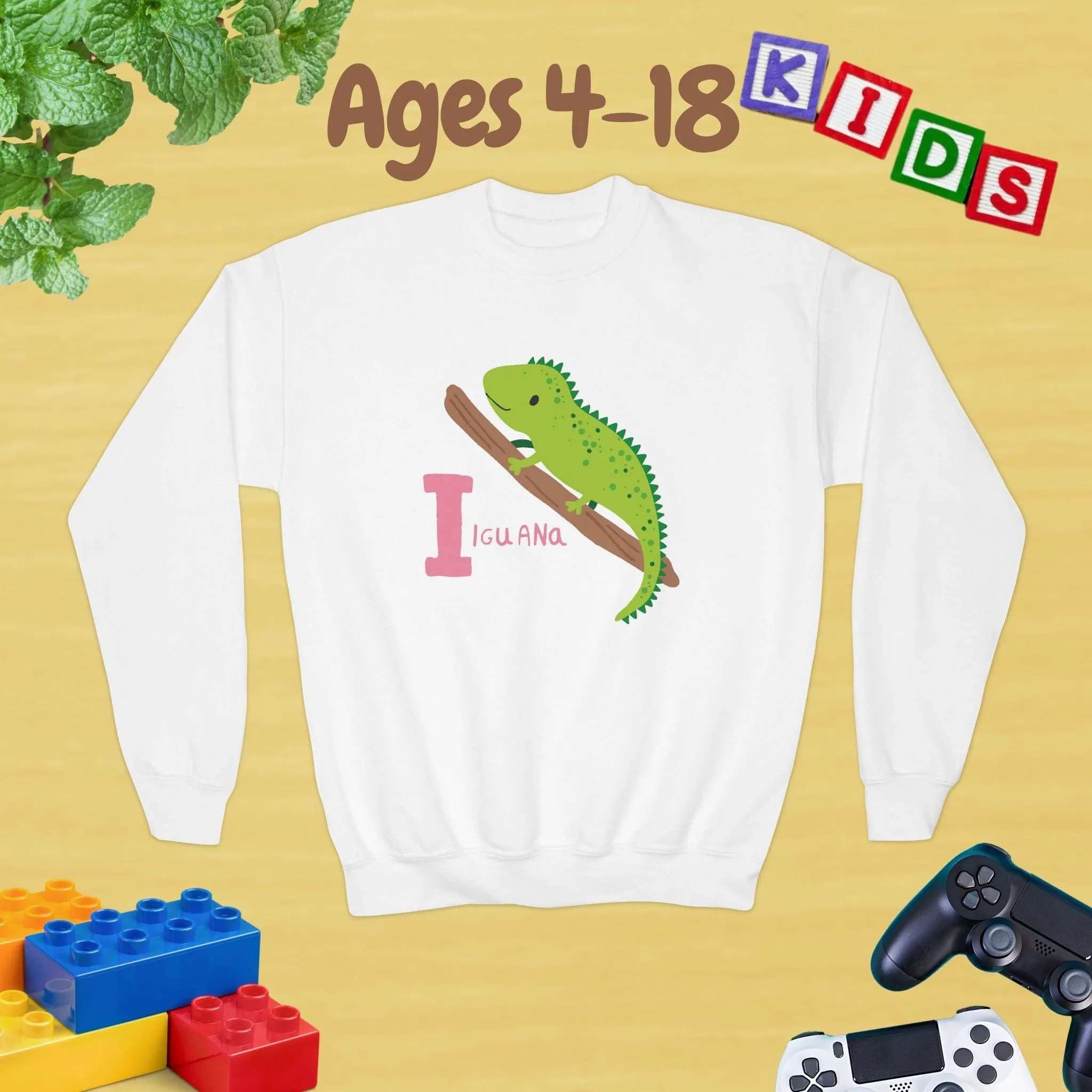 Animal Alphabet - I for Iguana Ages 4-18 Unisex Kids and Teens Sweatshirt - Cozy Fall and Winter Youth Sweatshirt