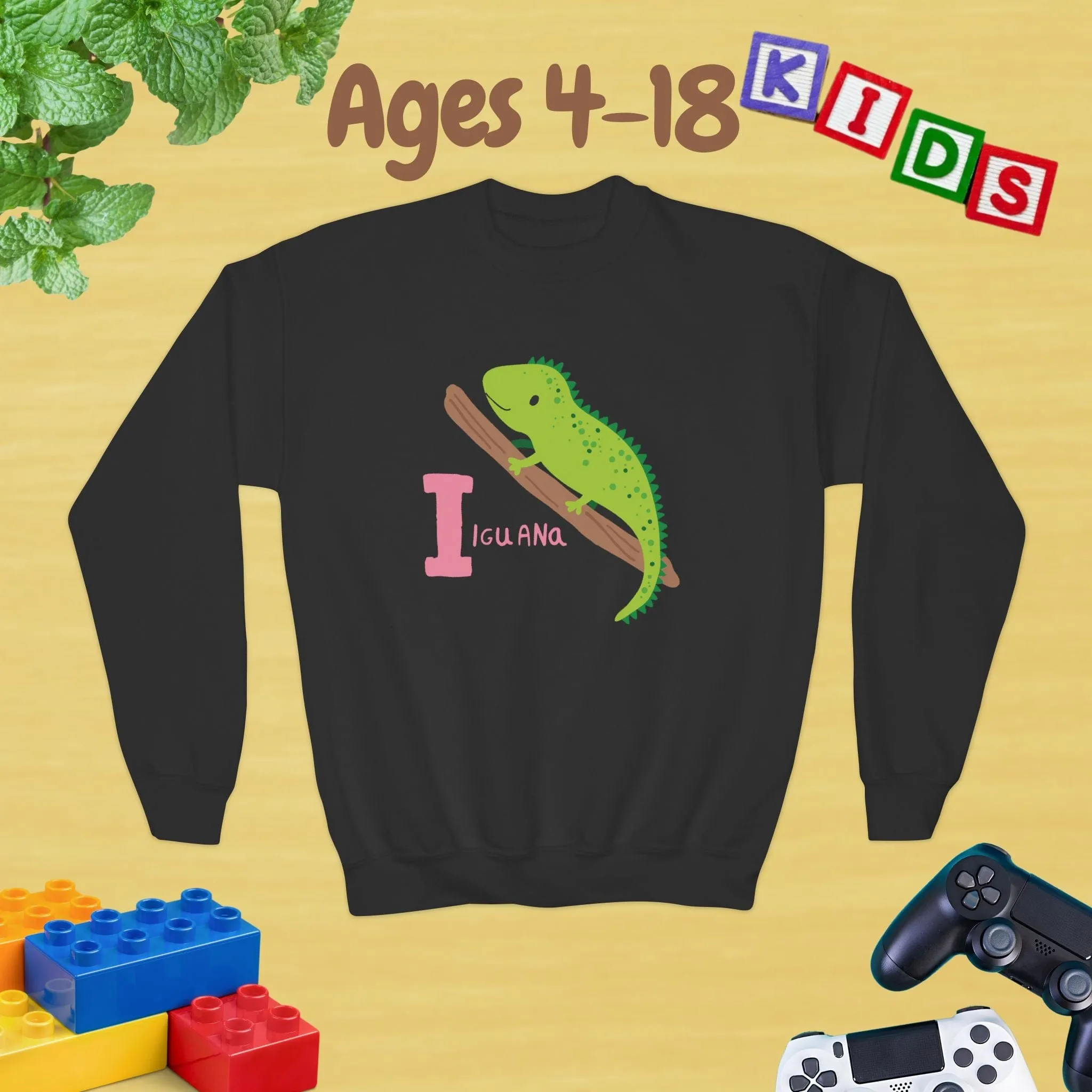 Animal Alphabet - I for Iguana Ages 4-18 Unisex Kids and Teens Sweatshirt - Cozy Fall and Winter Youth Sweatshirt