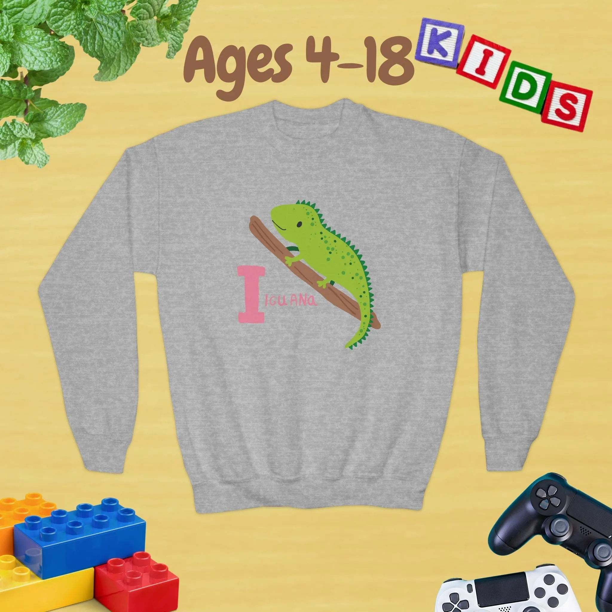 Animal Alphabet - I for Iguana Ages 4-18 Unisex Kids and Teens Sweatshirt - Cozy Fall and Winter Youth Sweatshirt