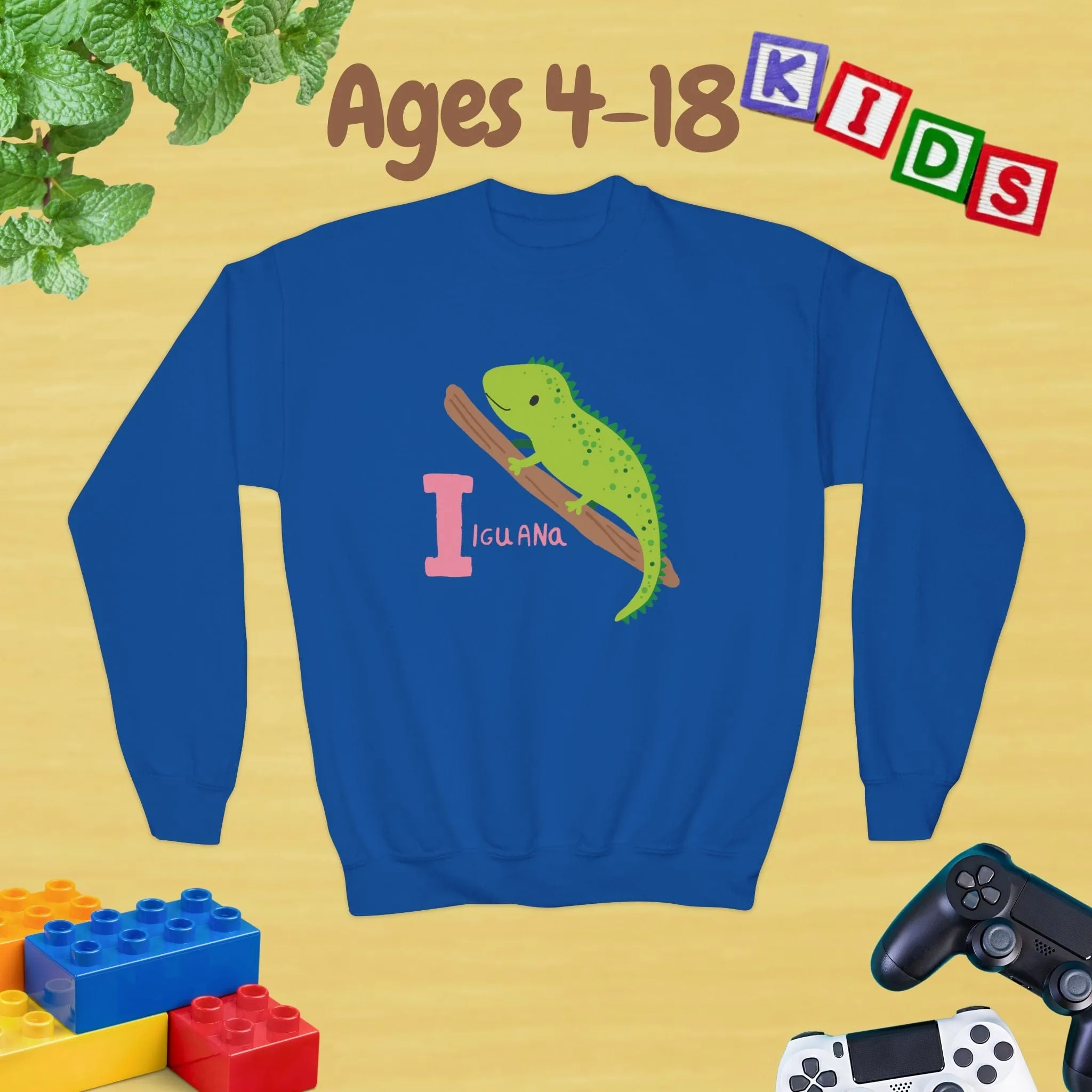 Animal Alphabet - I for Iguana Ages 4-18 Unisex Kids and Teens Sweatshirt - Cozy Fall and Winter Youth Sweatshirt