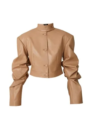 BEIGE FAUX LEATHER CROPPED BLAZER