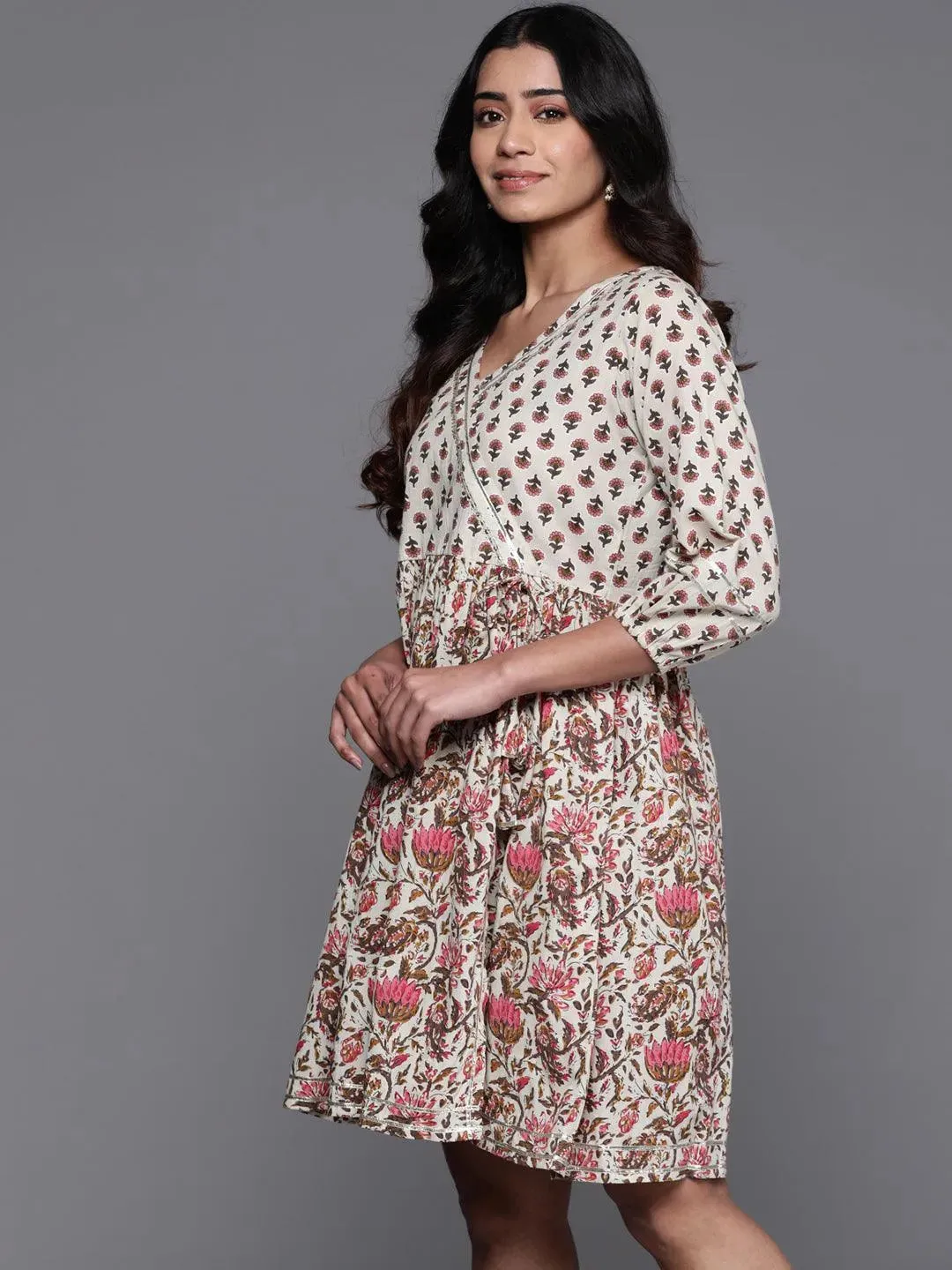 Beige Printed Cotton Fit and Flare Dress