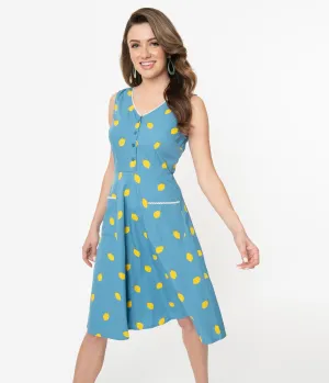 Blue & Yellow Lemons Print Harriet Summer Dress