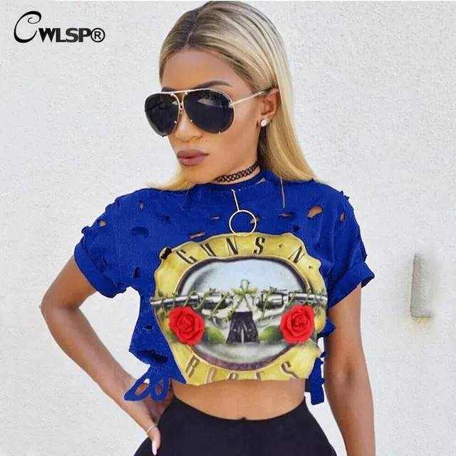 CWLSP Sexy Hole Women T-Shirt GUNS N ROSES Print Crop Top T Shirt Cropped Tops Hollow Out Short Sleeve Tee Shirt Femme QA1223