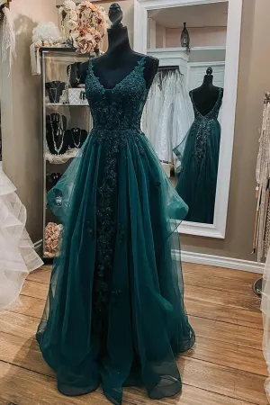 Dark Green Prom Dress Elegant V Neck Open Back Lace Beaded Long Prom Dresses