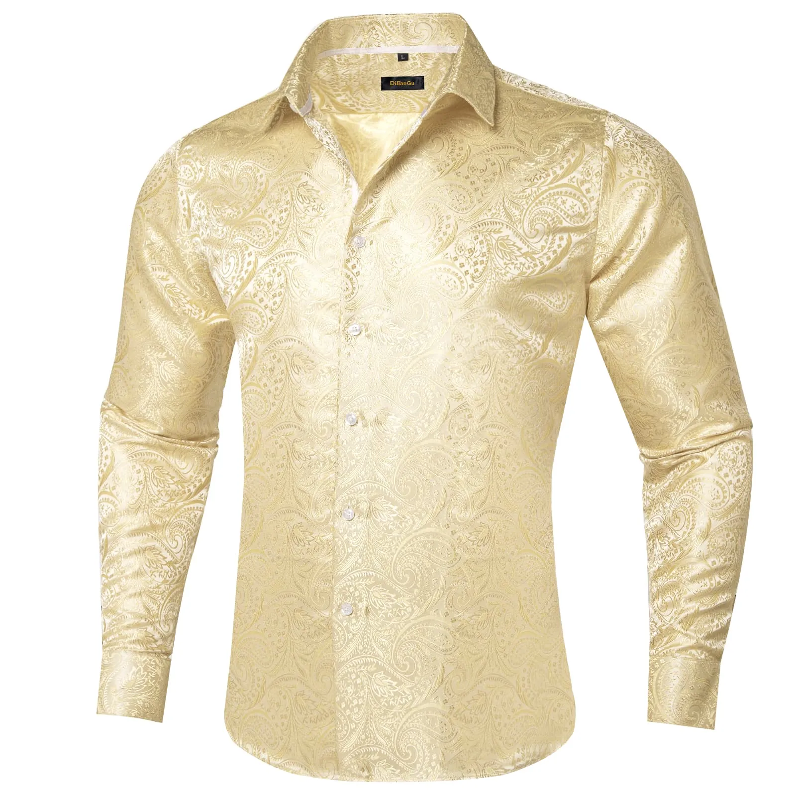 DiBanGu Collared Shirt Wheat Yellow Paisley Silk Button Down Long Sleeve Mens Shirt Dress