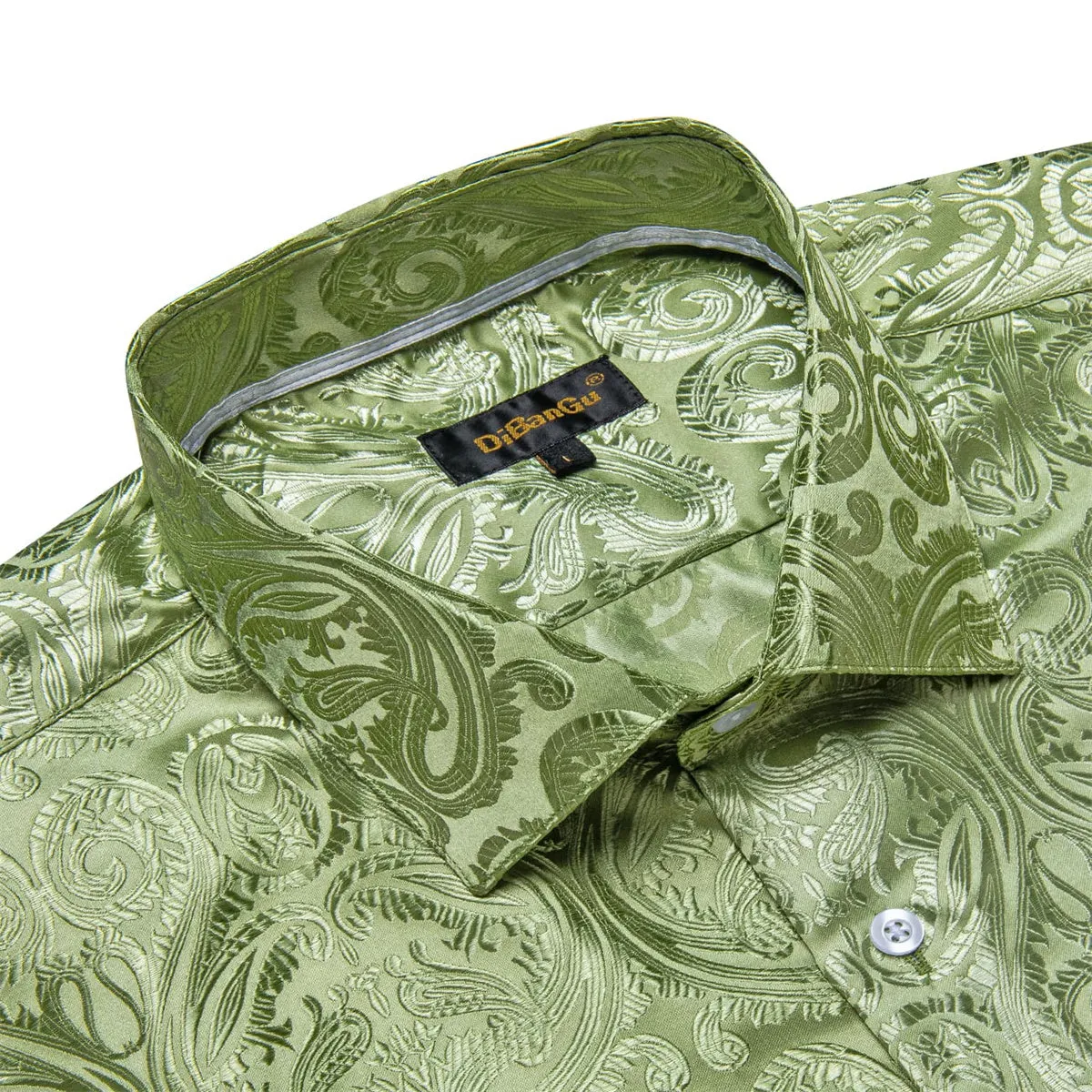 DiBanGu Shirt for Men Asparagus Green Paisley Long Sleeve Silk Button Up Business Work Shirt