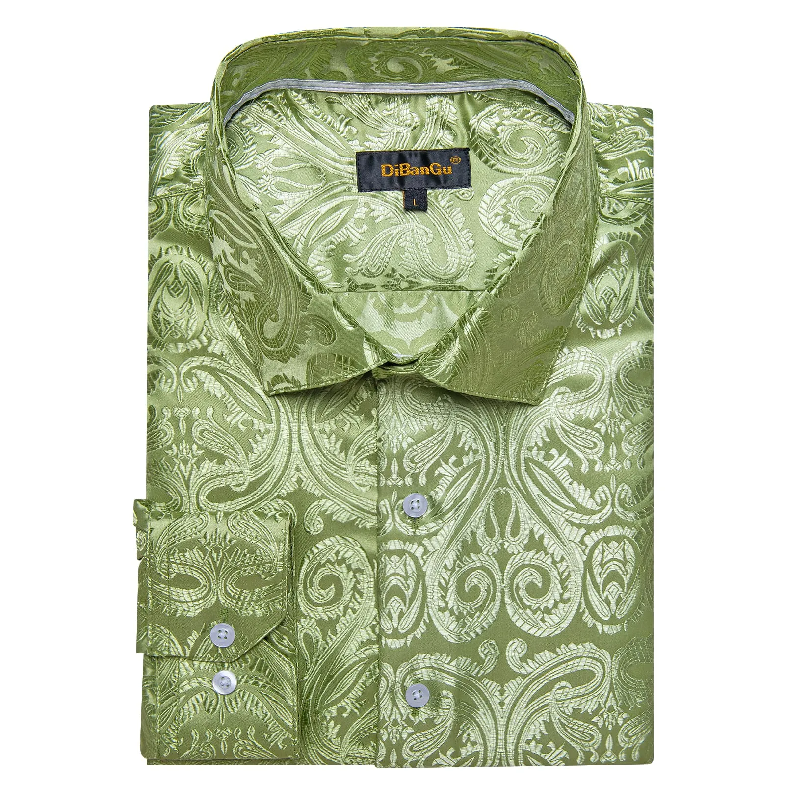 DiBanGu Shirt for Men Asparagus Green Paisley Long Sleeve Silk Button Up Business Work Shirt