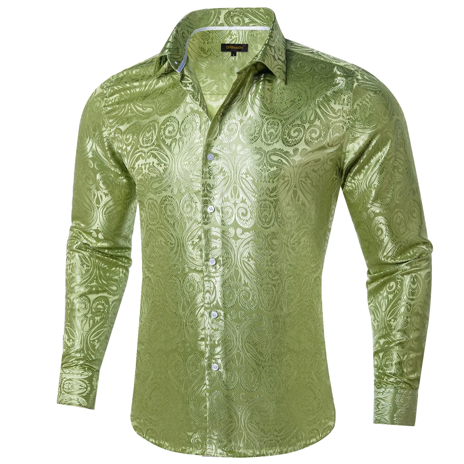 DiBanGu Shirt for Men Asparagus Green Paisley Long Sleeve Silk Button Up Business Work Shirt