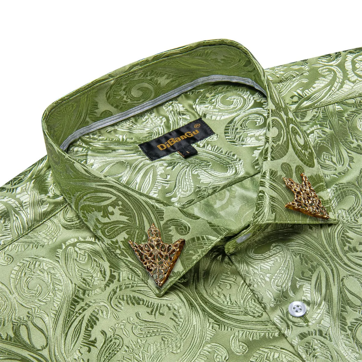 DiBanGu Shirt for Men Asparagus Green Paisley Long Sleeve Silk Button Up Business Work Shirt