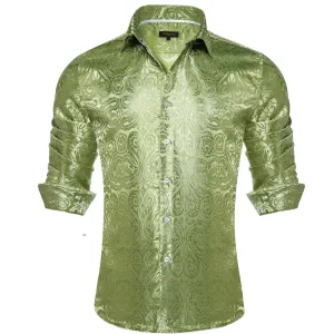 DiBanGu Shirt for Men Asparagus Green Paisley Long Sleeve Silk Button Up Business Work Shirt