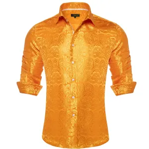 DiBanGu Shirt for Men Carrot Orange Paisley Long Sleeve Silk Button Up Dress Shirt