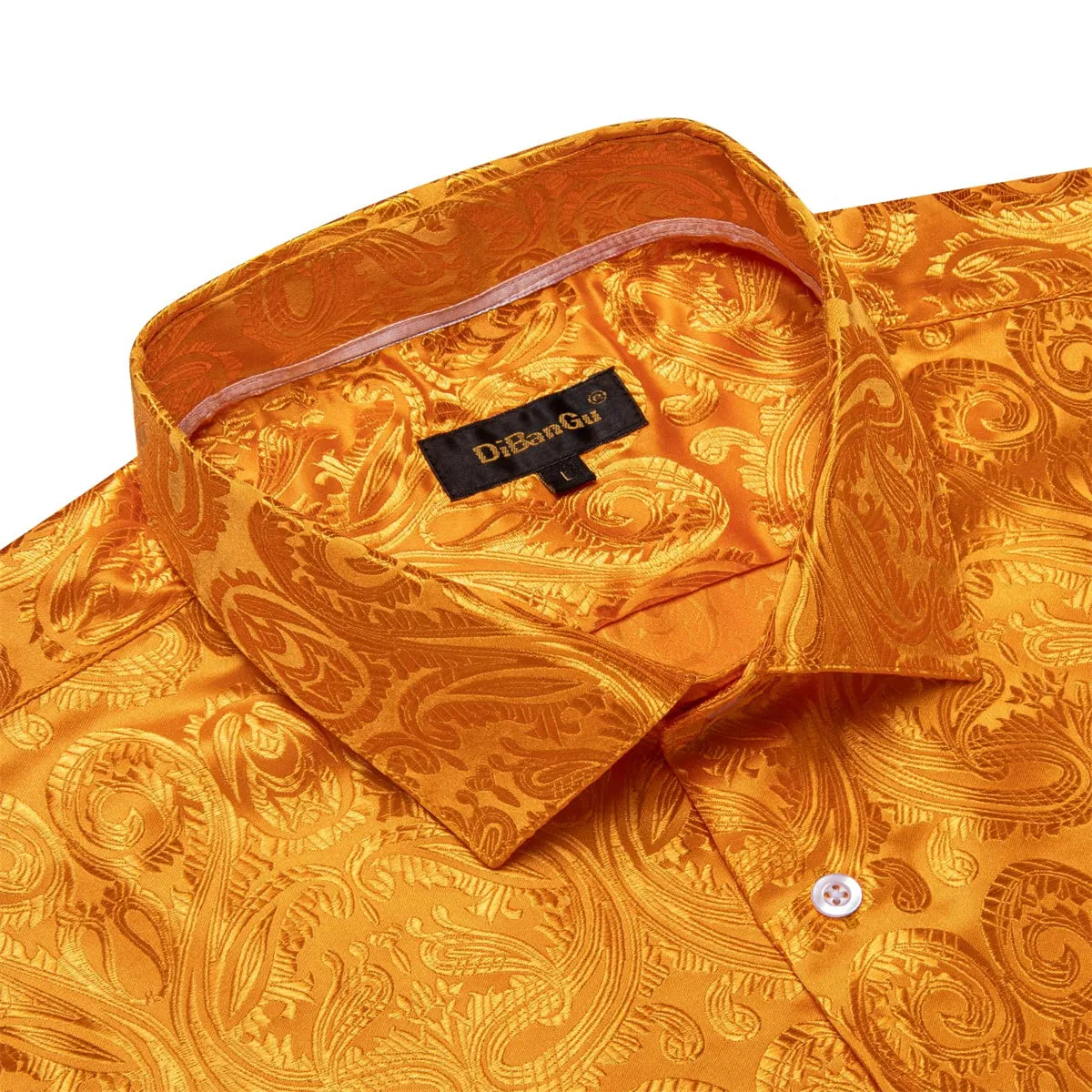 DiBanGu Shirt for Men Carrot Orange Paisley Long Sleeve Silk Button Up Dress Shirt