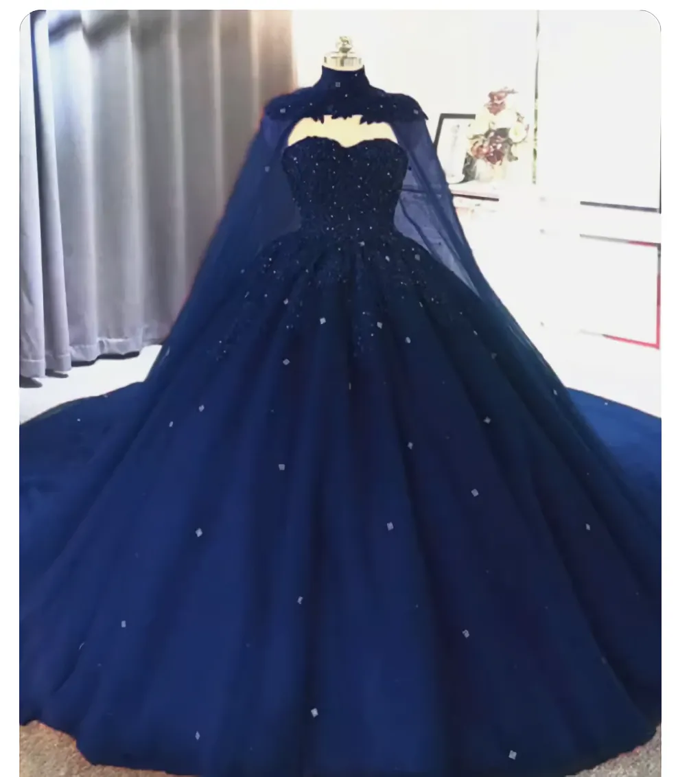 Elegant Lace Embroidery Tulle Beaded Quinceanera Dresses Navy Blue Ball Gown Prom Dress With Cape