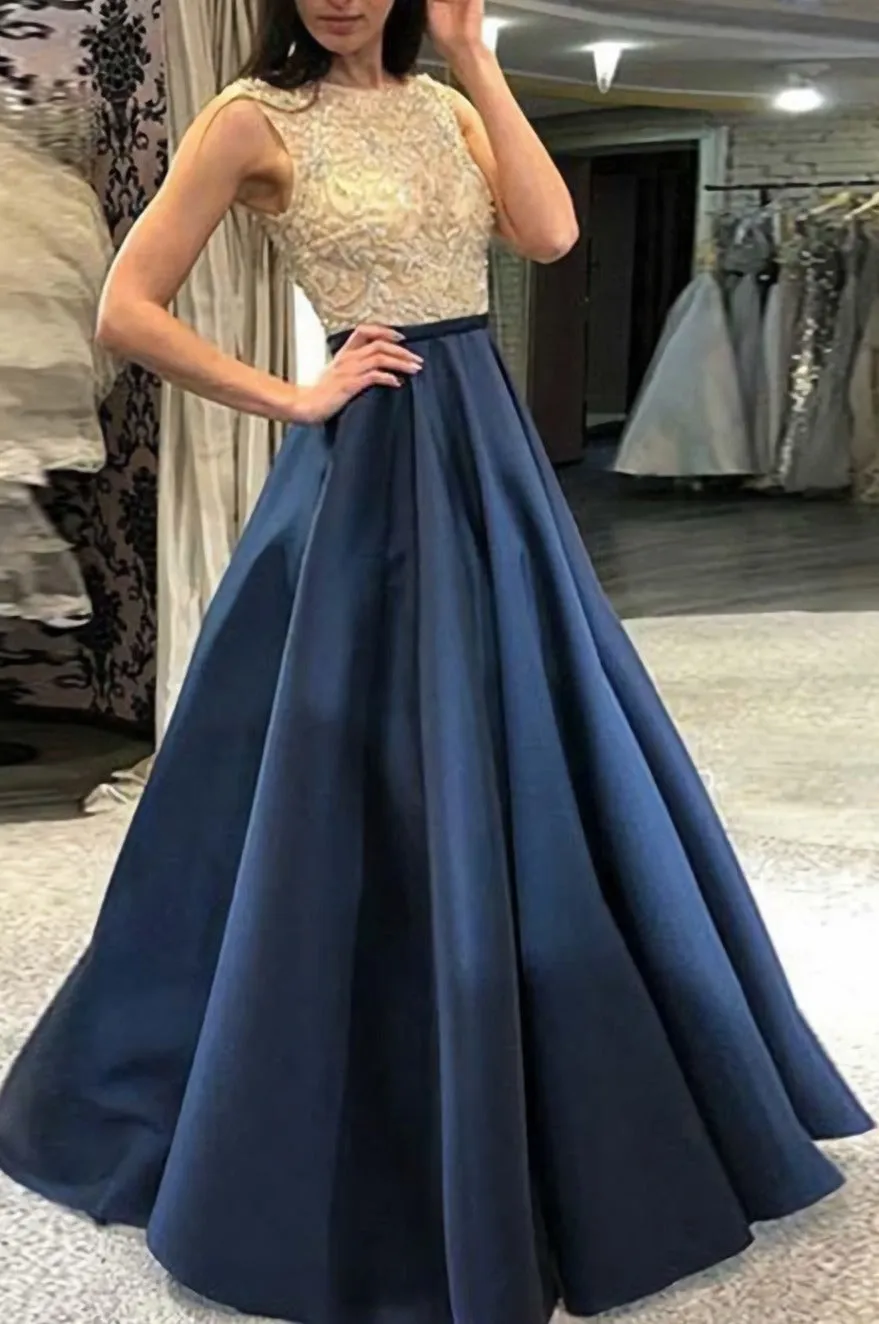 Elegant Navy Blue With Beading Fashion A Line Satin Long Prom Dresses