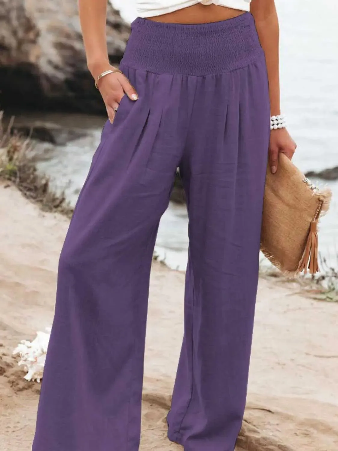 Full Size Smocked Waist Wide Leg Pants  Chic Comfortable Versatile Style