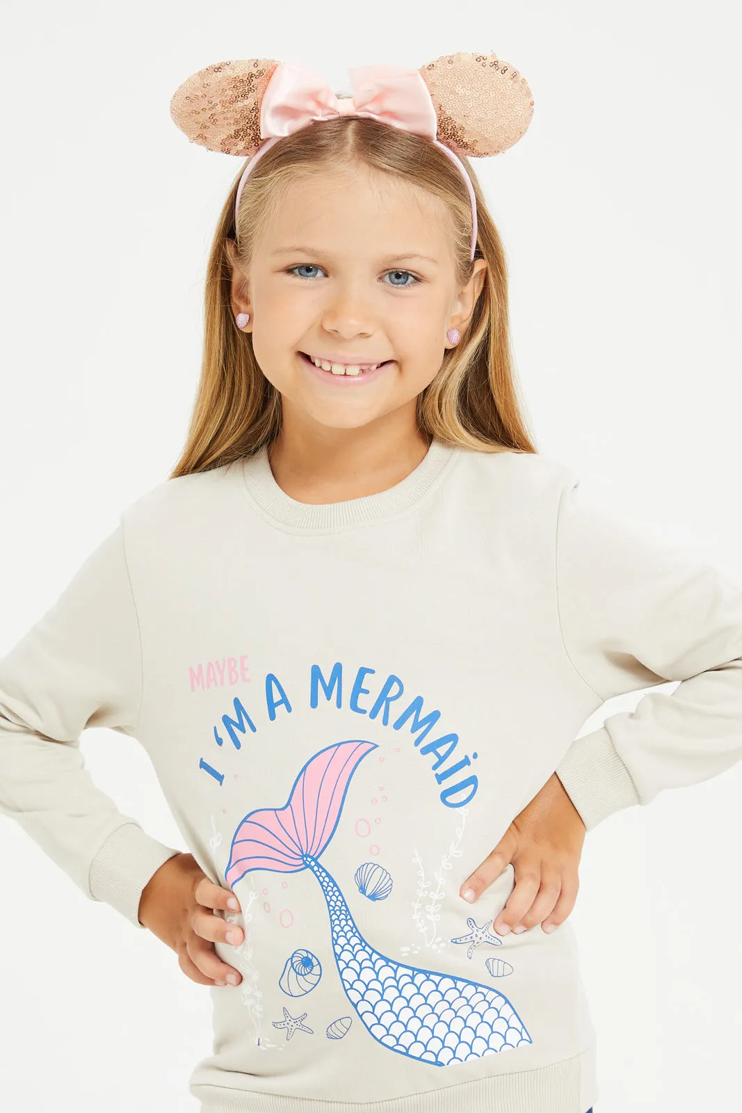 Girls Ecru Printed Sweatshirt