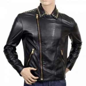 Golden Zipper Studded Punk Leather Jacket