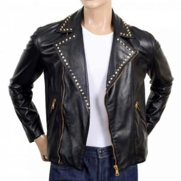 Golden Zipper Studded Punk Leather Jacket