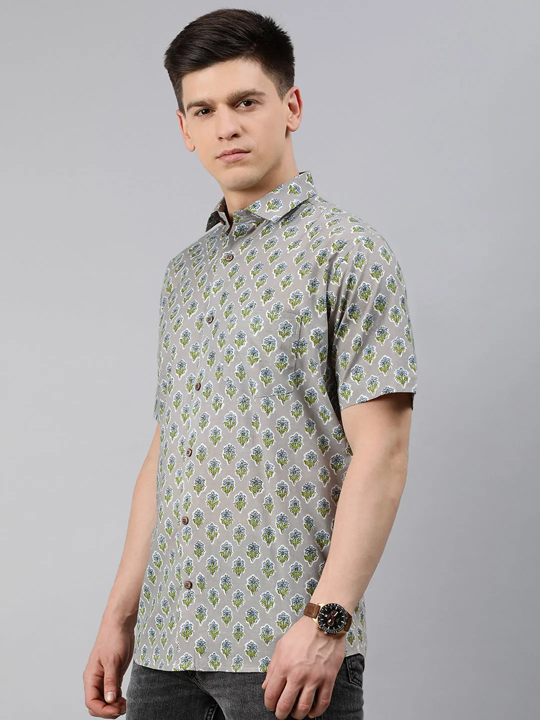 Grey Cotton Short Sleeves Shirts For Men-Mmh032