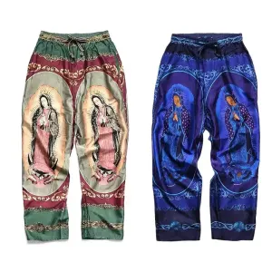 Japanese Rayon Virgin Mary Pattern Breathable Casual Pants Printed Trousers