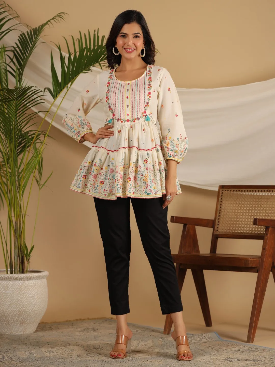 Juniper Women Off-White Floral Printed Cotton Peplum Tunic With Thread Embroidery