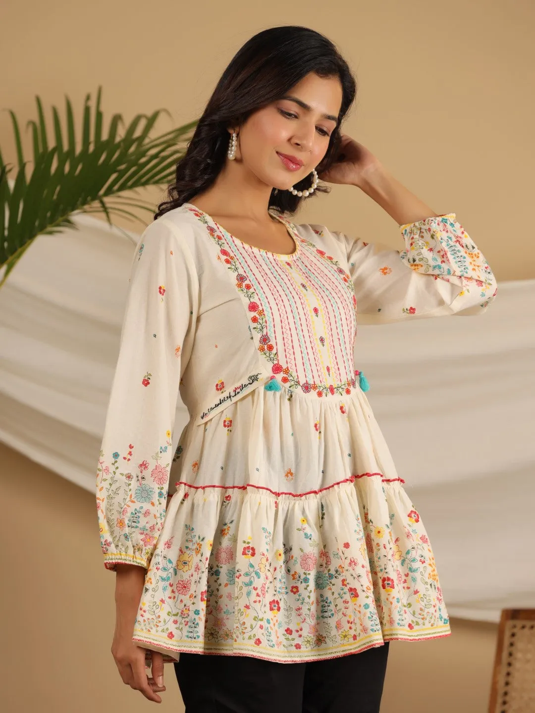 Juniper Women Off-White Floral Printed Cotton Peplum Tunic With Thread Embroidery