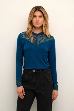 LACE EMBELLISHED  TEAL BLUE LONG SLEEVE TOP