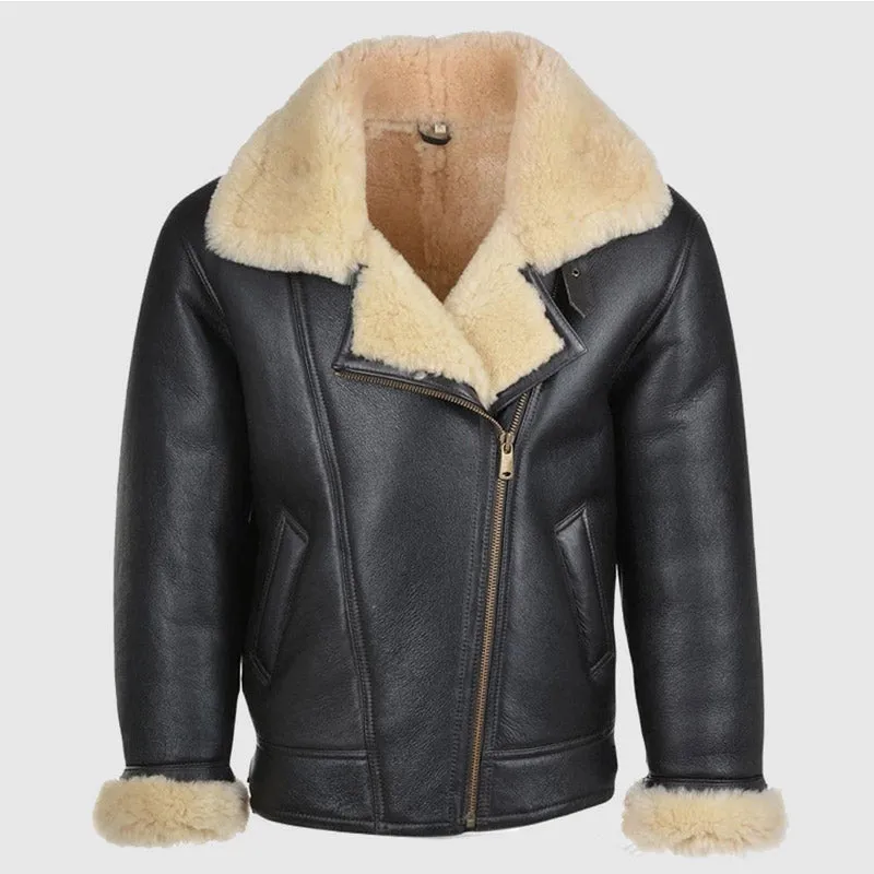 Mens B3 Flying Bomber Aviator Pilot Sheepskin Shearling Leather Coat