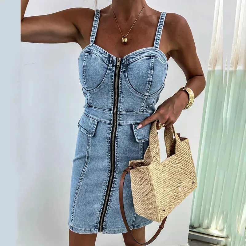 Off Shoulder Waist Strap Summer Zip Backless Office Denim Backless Slim Elegant Elegant Dress