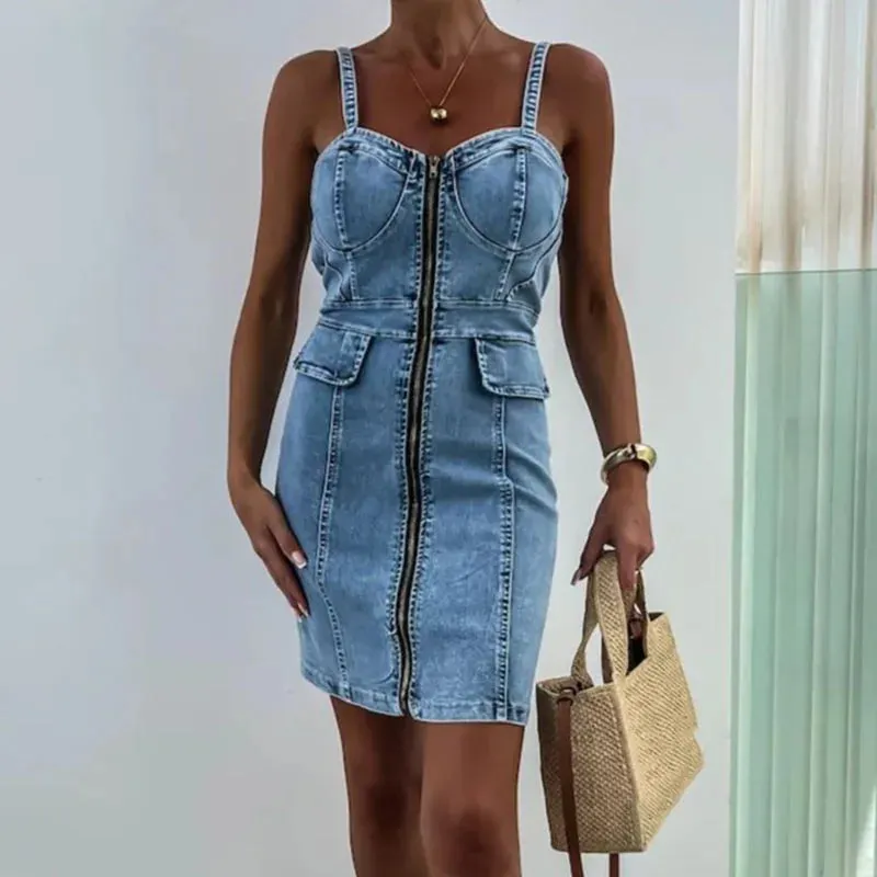 Off Shoulder Waist Strap Summer Zip Backless Office Denim Backless Slim Elegant Elegant Dress