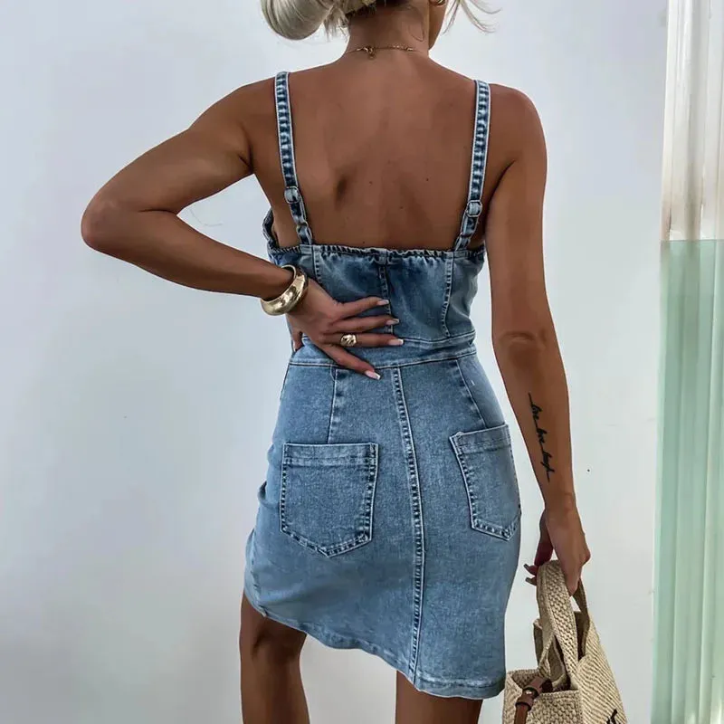 Off Shoulder Waist Strap Summer Zip Backless Office Denim Backless Slim Elegant Elegant Dress