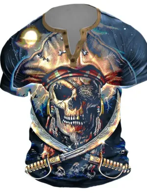 Pirate Mens 3D Shirt | Blue Summer Cotton | Men'S Henley Tee Graphic Skulls Clothing Apparel 3D Print Outdoor Casual Short Sleeve Button Down Fashion Designer