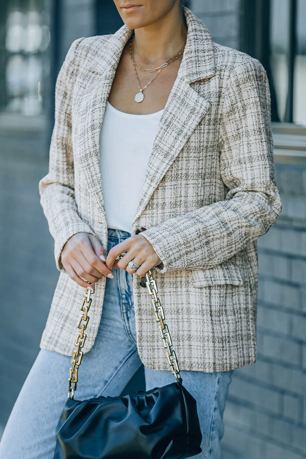 Pockets Lapel Collar Plaid Blazer