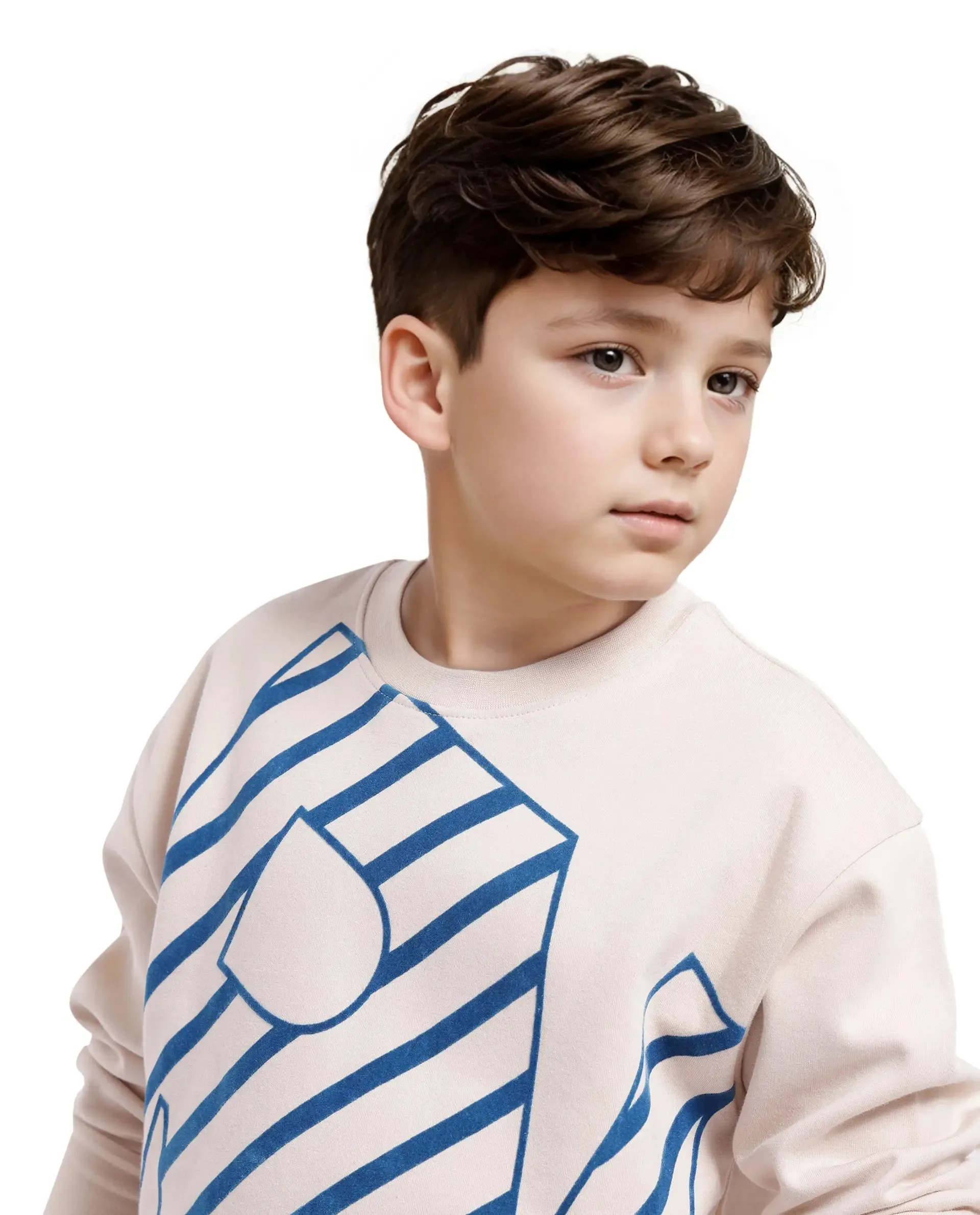 Rare Ones Kids Baros Beige Cotton Full Sleeve Crew Neck Flock Print Logo Sweatshirt