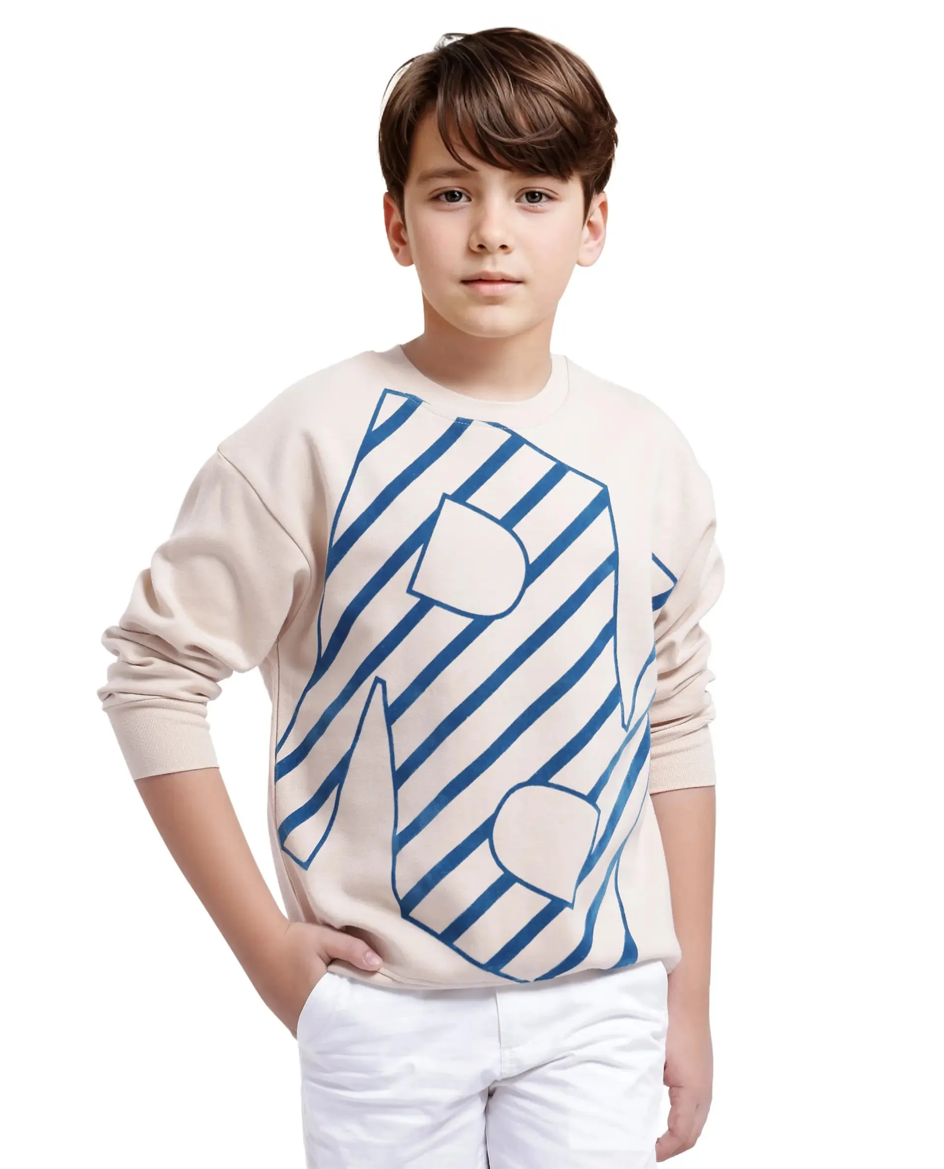 Rare Ones Kids Baros Beige Cotton Full Sleeve Crew Neck Flock Print Logo Sweatshirt