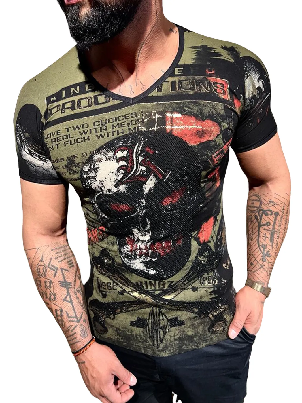 Rhinestone Men's T-shirt OLIVE #4016