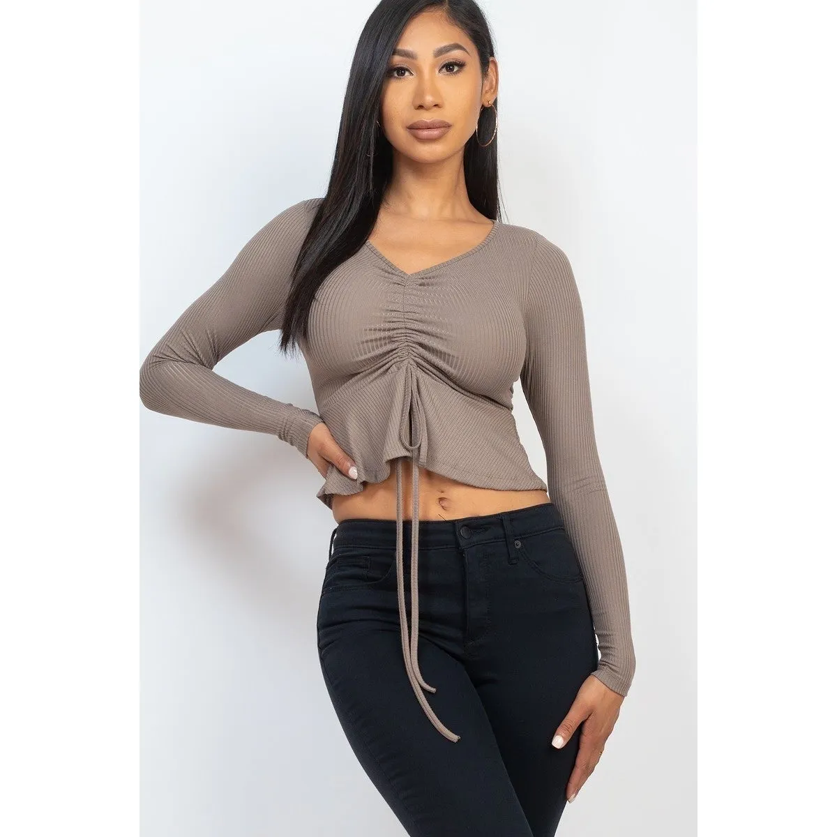 Ribbed Drawstring Front Long Sleeve Peplum Top