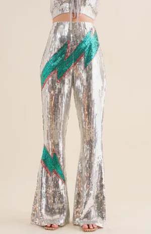 Sequin Flare Thunderbolt Print Pants