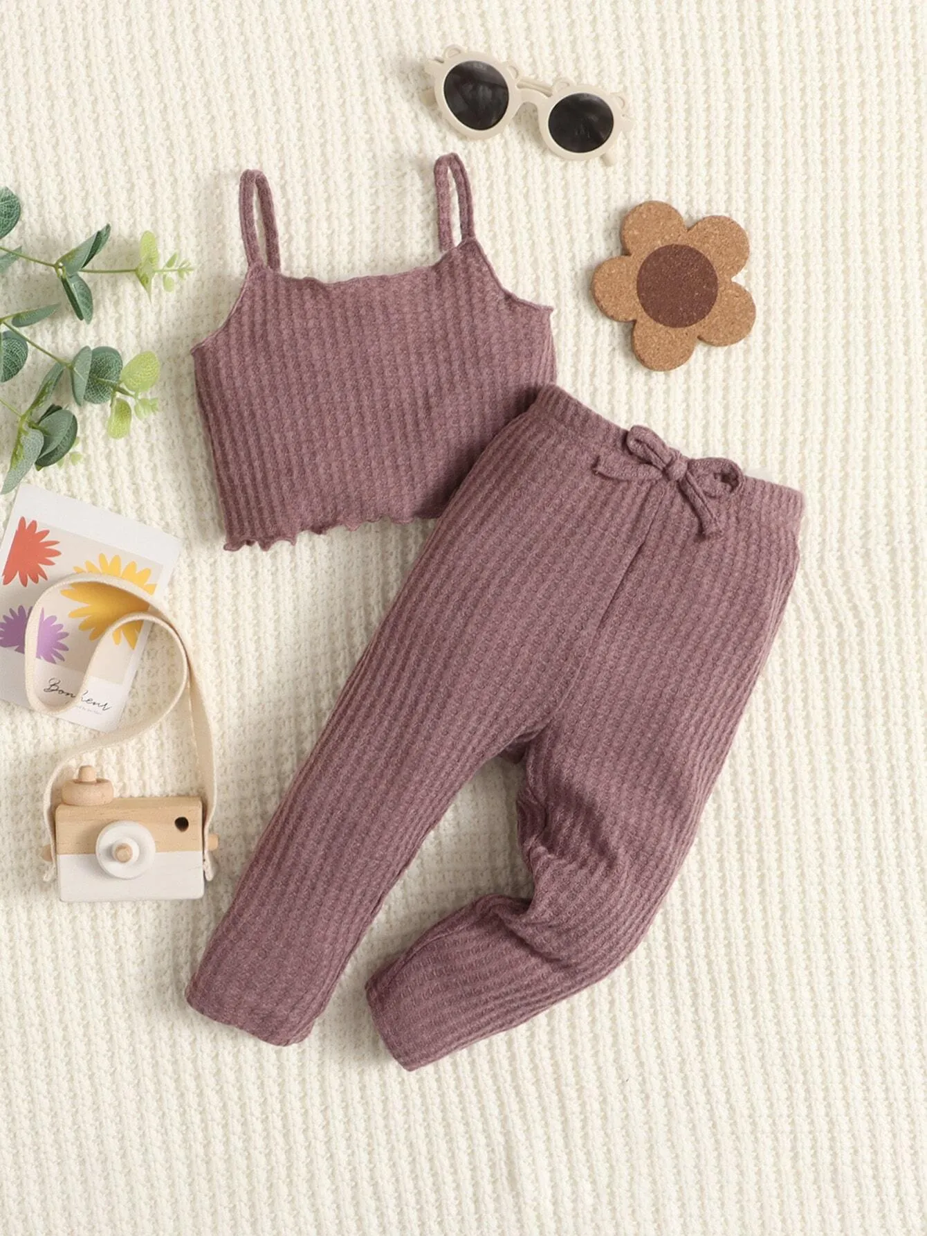 SHEIN Baby Girl Solid Texture Camisole And Long Pants Casual Comfortable Outfit