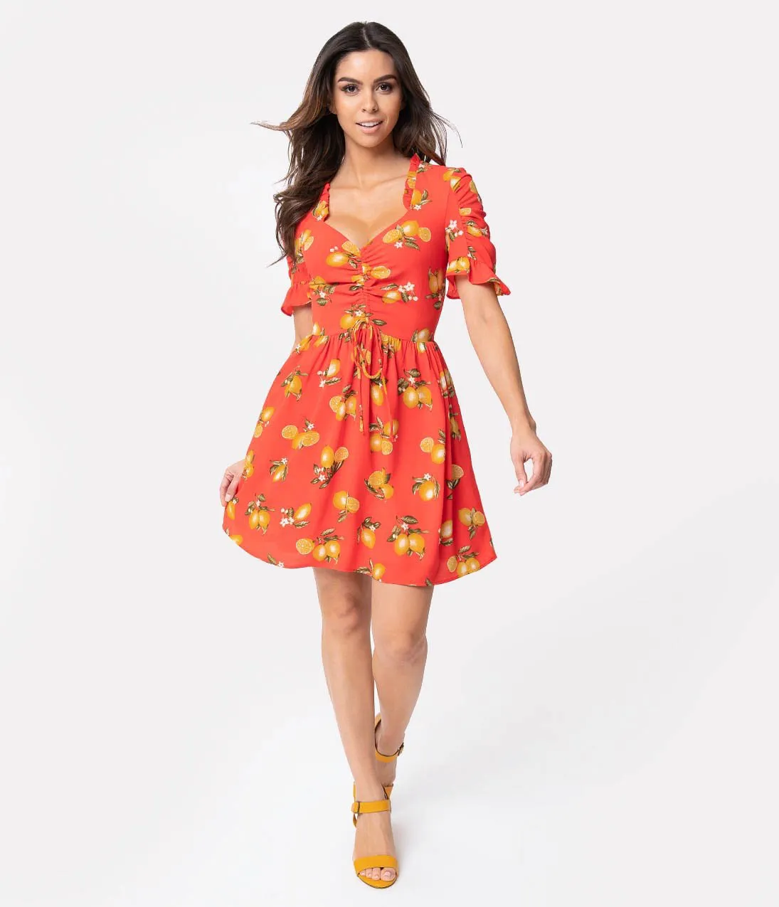 Smak Parlour Coral Red & Lemon Print Sweetheart Media Darling Fit & Flare Dress