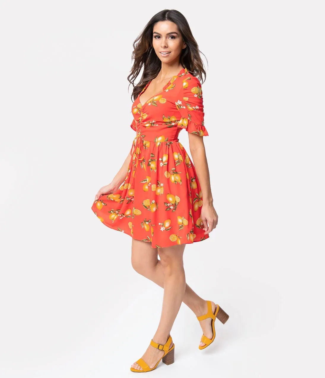 Smak Parlour Coral Red & Lemon Print Sweetheart Media Darling Fit & Flare Dress