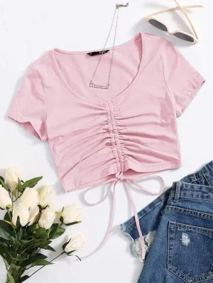 SOLID DRAWSTRING RUCHED TEE