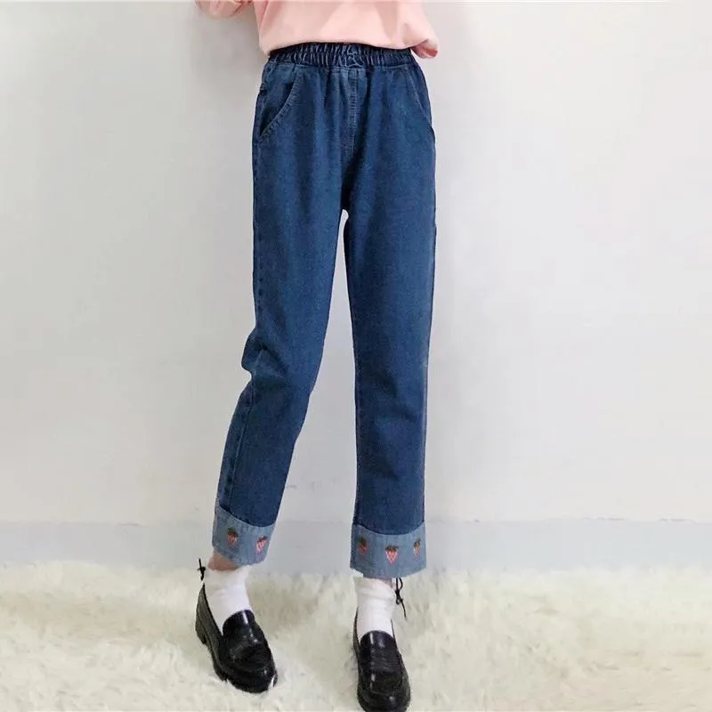 Strawberry Embroidered Straight-leg Pants