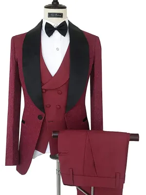 Wiaofellas  -  Burgundy Jacquard Formal Wedding Elegant Men Suit Groom Tuxedo Prom Slim Fit Shawl Lapel Blazers High Quality Custom 3 Piece Set