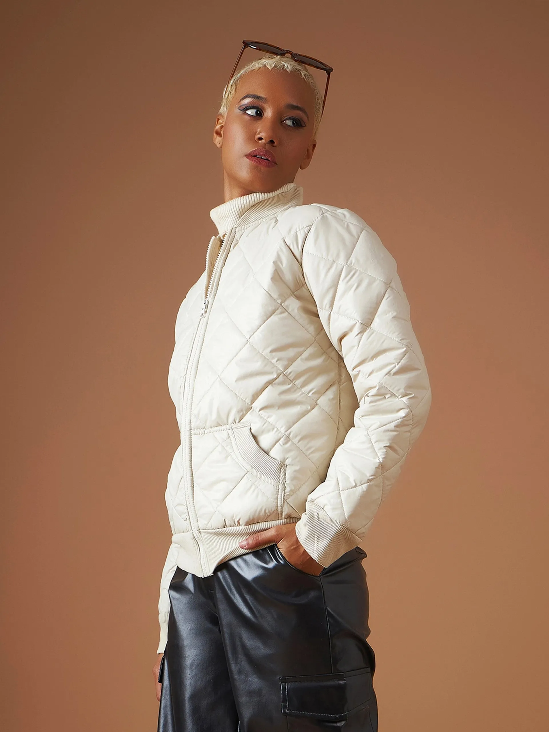 Women Beige Diamond Quilted Bomber Jacket