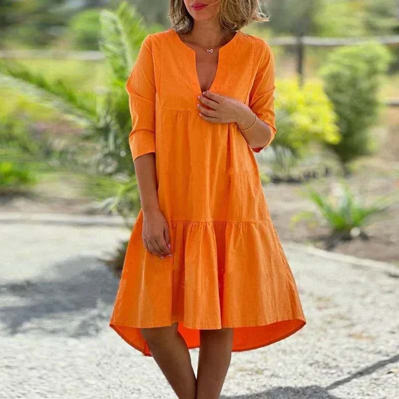 Women Cotton Linen Pleat Dresses Simple Elegant V-neck Loose Pullover Elegant Fashion Dress