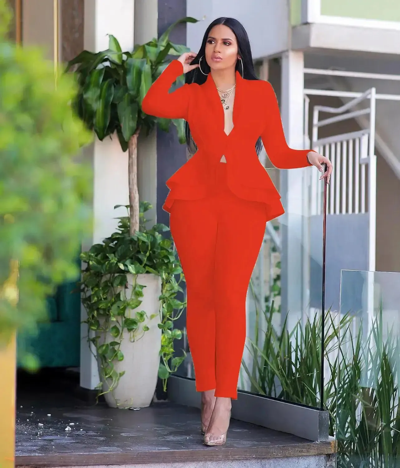 Women's Full Sleeve Ruffles Blazers Pencil Pants Suit Set – Two Piece Fall Season Lady's Outfit