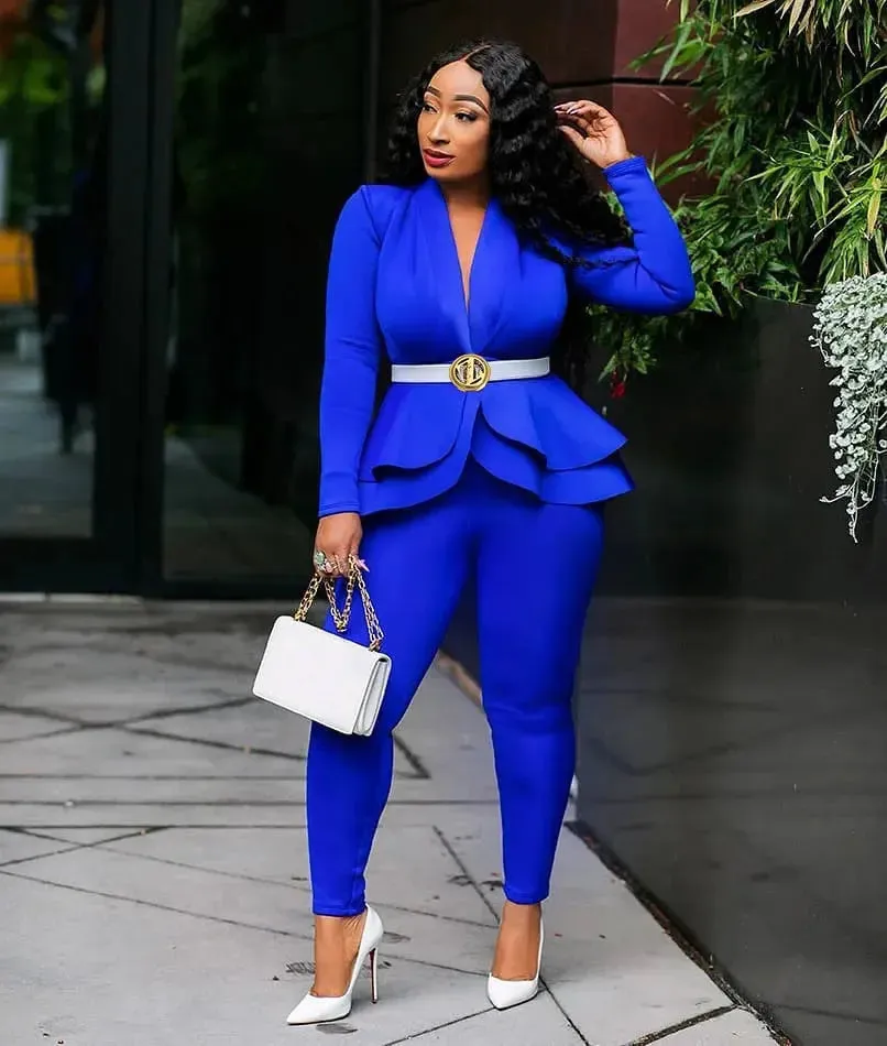 Women's Full Sleeve Ruffles Blazers Pencil Pants Suit Set – Two Piece Fall Season Lady's Outfit